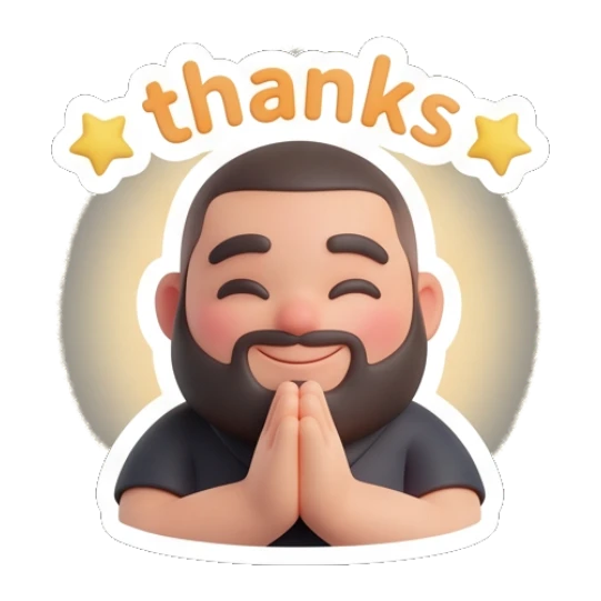 Bearded man with hands together in a thankful prayer gesture. Bearded Buddy Expressions sticker for expressive chats and social replies.