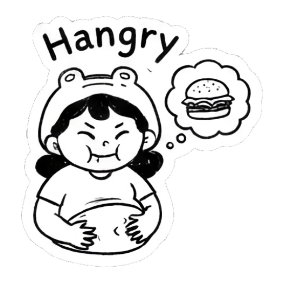 Girl in frog hat rubbing belly thinking of burger with Hangry text Froggy Girl Doodles sticker for expressive chats and social replies.