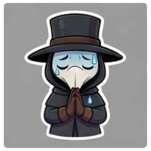 Plague doctor crying with blue sweat drops Plague Doctor Adventures sticker for expressive chats and social replies.
