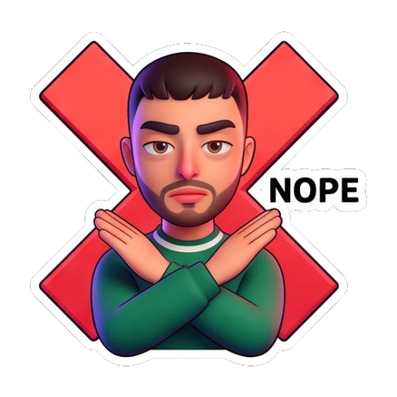 Guy crossing arms with a red X and Nope text Cheerful Guy Daily Vibes sticker for expressive chats and social replies.