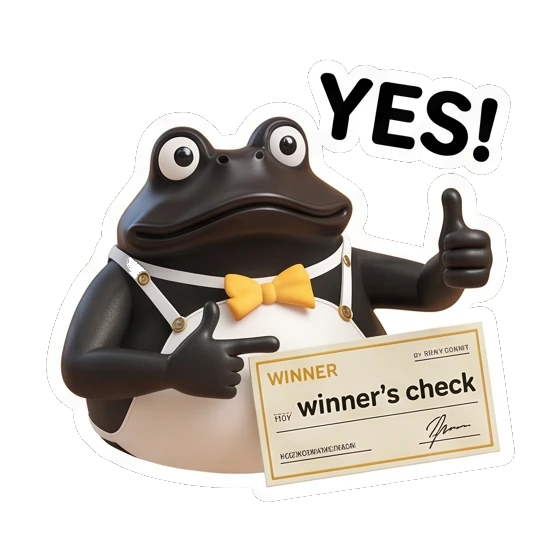 Frog pointing at a winner's check, text YES! Fancy Frog Sports Club sticker for expressive chats and social replies.