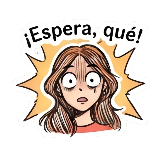 Brown-haired girl looking shocked and confused, text '¡Espera, qué!' Daily Doodle Girl Vibes sticker for expressive chats and social replies.