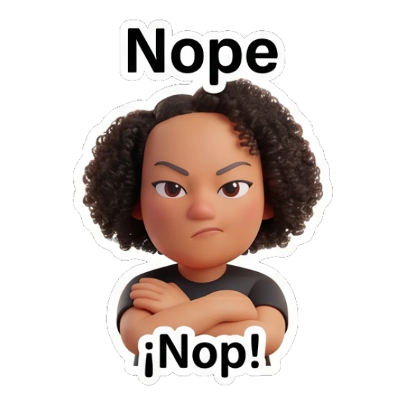 Curly hair girl looking stern with arms crossed and text Nope Curly Hair Girl Daily Vibes sticker for expressive chats and social replies.