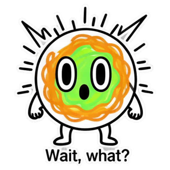 Noodle character looking shocked with 'Wait, what?' text Noodle Buddy Emotions sticker for expressive chats and social replies.