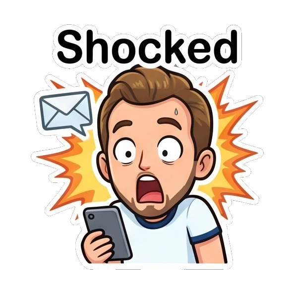 Bearded man looking shocked holding a phone with a message icon Cheerful Bearded Guy sticker for expressive chats and social replies.
