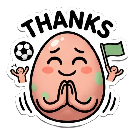 Grateful spotted egg with hands together, 'Thanks' text. Spotted Egg Adventures sticker for expressive chats and social replies.