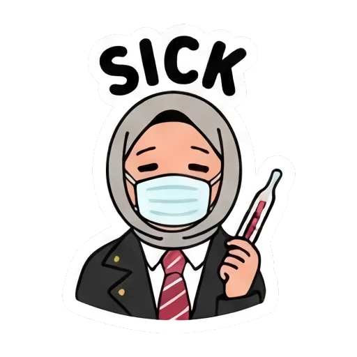 Hijabi student wearing medical mask with thermometer, SICK text Hijabi Student Daily Life sticker for expressive chats and social replies.