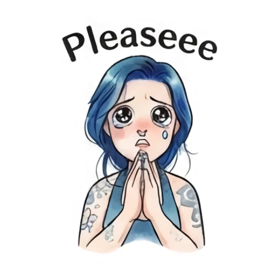 Blue-haired girl with teary eyes praying, text 'Pleaseee' Blue-Haired Artist Daily sticker for expressive chats and social replies.