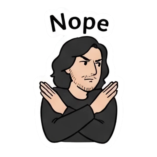 Long-haired man making a cross gesture with arms saying nope. Long-Haired Guy Daily Vibes sticker for expressive chats and social replies.