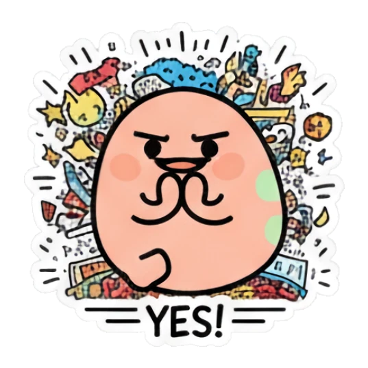 Doodle egg looking determined with a firm expression, text YES! Doodle Egg Adventures sticker for expressive chats and social replies.