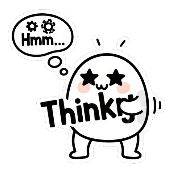Thinking egg character with star eyes and gears saying Think. Doodle Egg Expressions sticker for expressive chats and social replies.