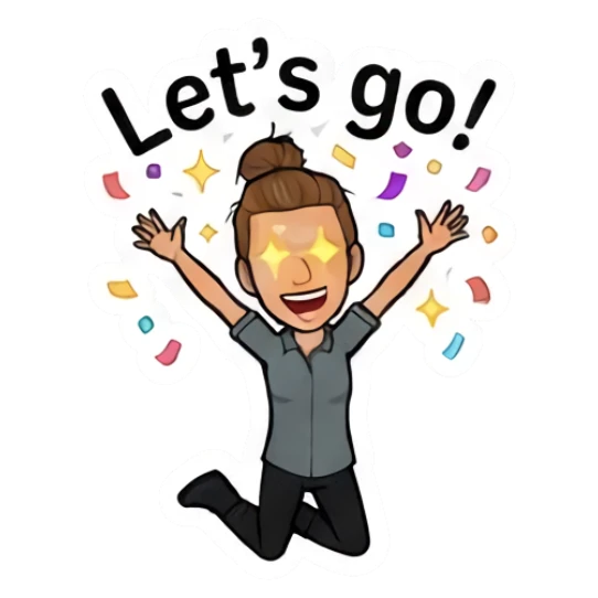 Girl with bun jumping with joy and confetti, text Let's go Daily Moods of a Girl sticker for expressive chats and social replies.