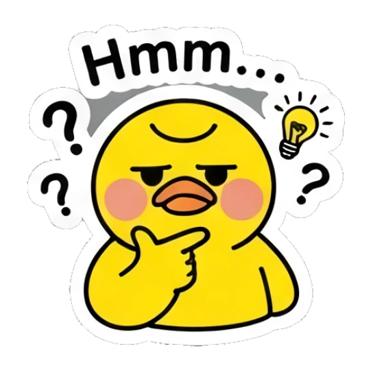 Thinking yellow duck with question marks and lightbulb with text 'Hmm...' Keith Haring Style Yellow Duck sticker for expressive chats and social replies.
