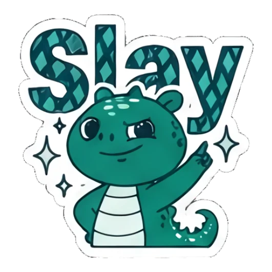 Confident dinosaur pointing up with text Slay Teal Dino Daily Vibes sticker for expressive chats and social replies.