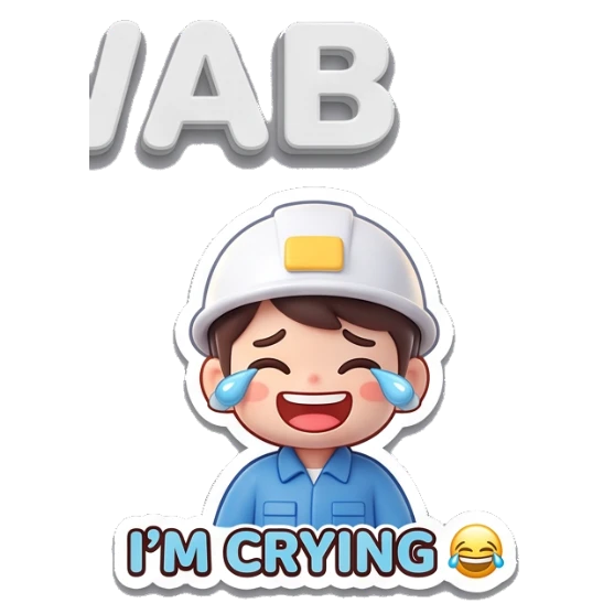 Construction girl laughing with tears of joy saying IM CRYING Yewab Construction Crew sticker for expressive chats and social replies.