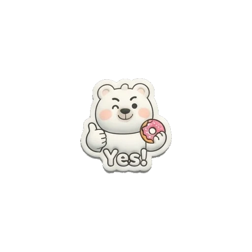 White bear giving a thumbs up, holding a donut, text says Yes. Puffy Donut Bear sticker for expressive chats and social replies.