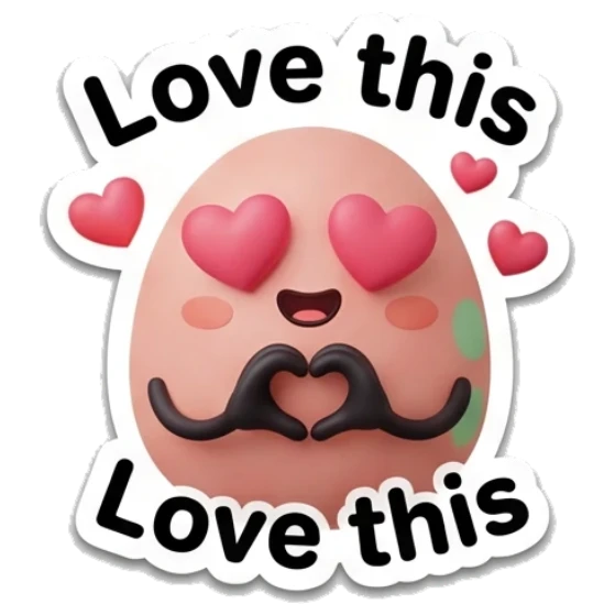Pink egg making a heart shape with hands with text Love this Pink Egg Moods sticker for expressive chats and social replies.