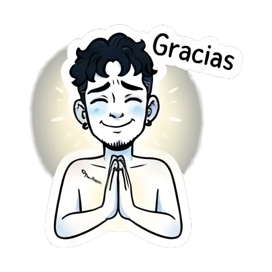 Boy praying with a grateful expression and 'Gracias' text. Curly Haired Boy Daily Vibes sticker for expressive chats and social replies.