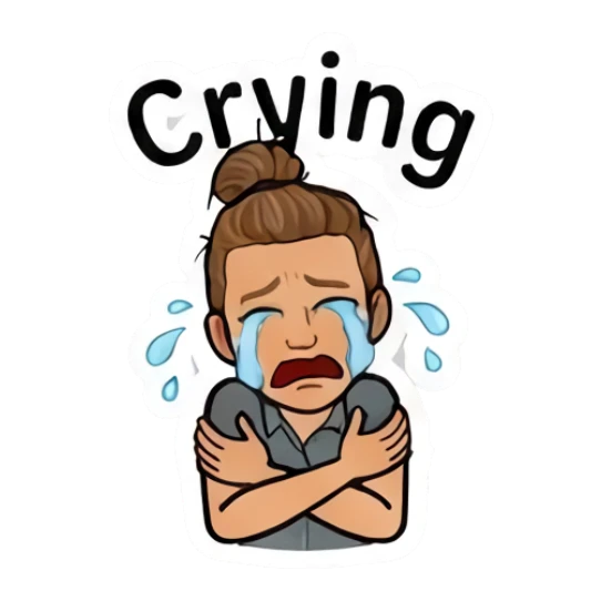Girl with bun crying with arms crossed, text Crying Daily Moods of a Girl sticker for expressive chats and social replies.