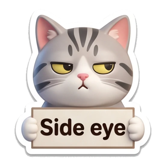 Skeptical grey cat holding a sign with text Side eye Cute Grey Tabby Daily sticker for expressive chats and social replies.