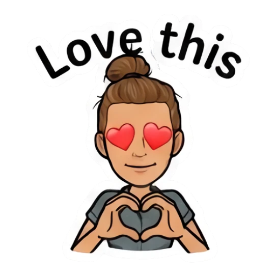 Girl with bun making a heart shape with hands, text Love this Daily Moods of a Girl sticker for expressive chats and social replies.