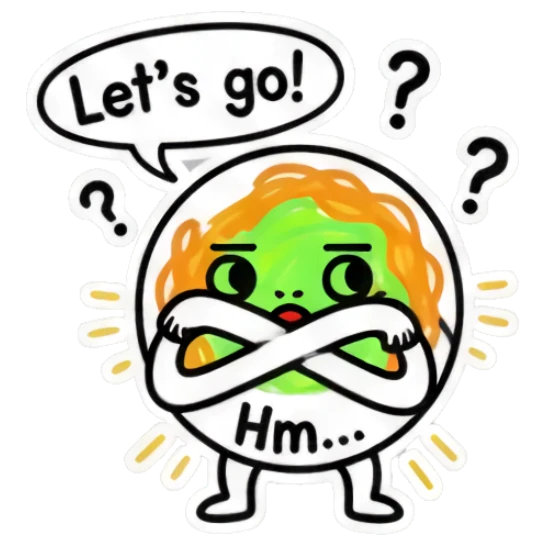 Pensive noodle character crossing arms with 'Let's go! Hm...' text. Spicy Noodle Moods sticker for expressive chats and social replies.