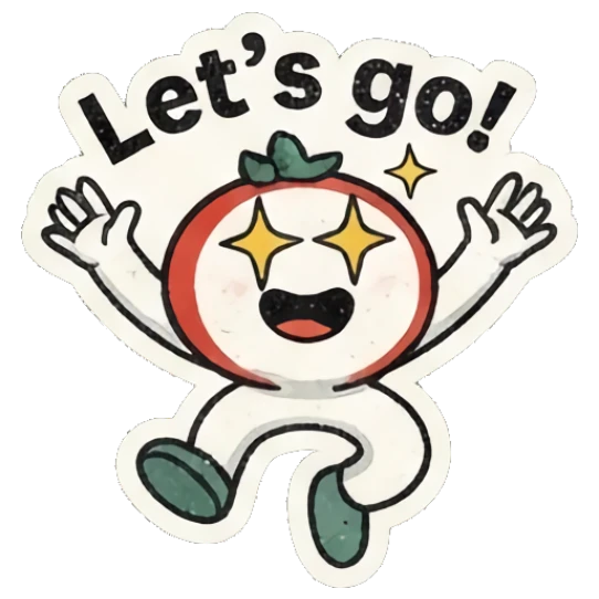 Excited tomato character jumping with star eyes and text Let's go! Retro Tomato Moods sticker for expressive chats and social replies.