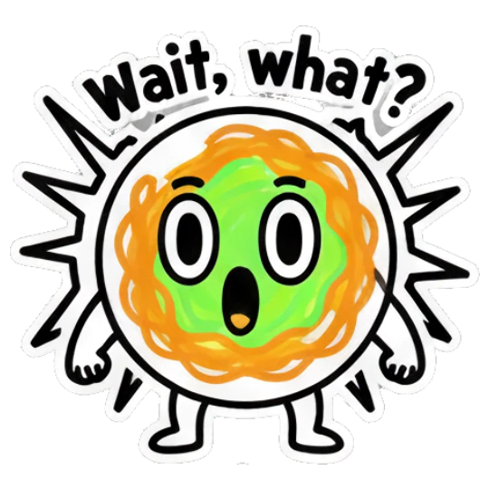 Noodle character with shocked expression and Wait, what? text Noodle Buddy Vibes sticker for expressive chats and social replies.