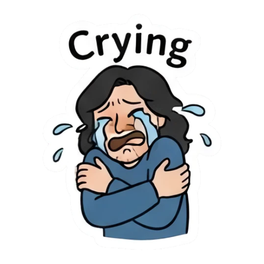 Long-haired man crying while hugging himself. Long-Haired Guy Daily Vibes sticker for expressive chats and social replies.