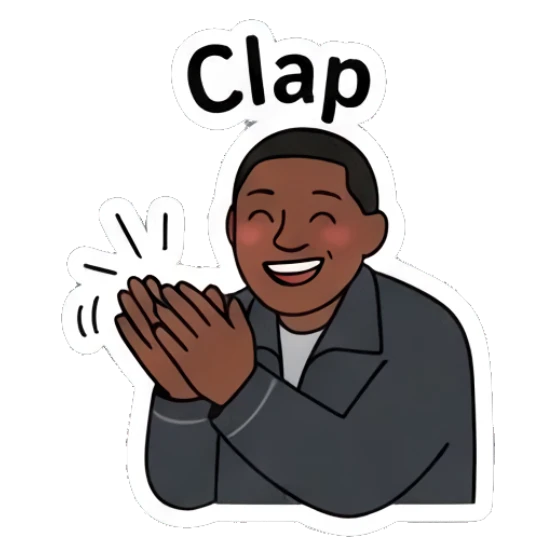 Man clapping hands, happy, text Clap Diverse Duo Expressions sticker for expressive chats and social replies.