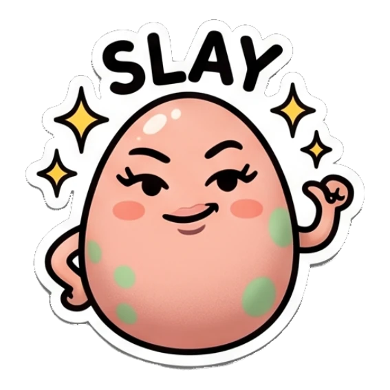 Confident spotted egg posing with hands on hips, 'Slay' text. Spotted Egg Adventures sticker for expressive chats and social replies.