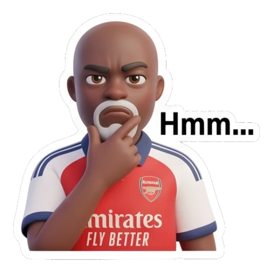 Man touching chin in deep thought with text Hmm... Arsenal Fan Emotions sticker for expressive chats and social replies.