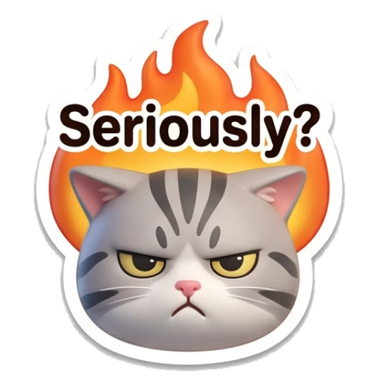 Angry grey cat with fire background and text Seriously Cute Grey Tabby Daily sticker for expressive chats and social replies.