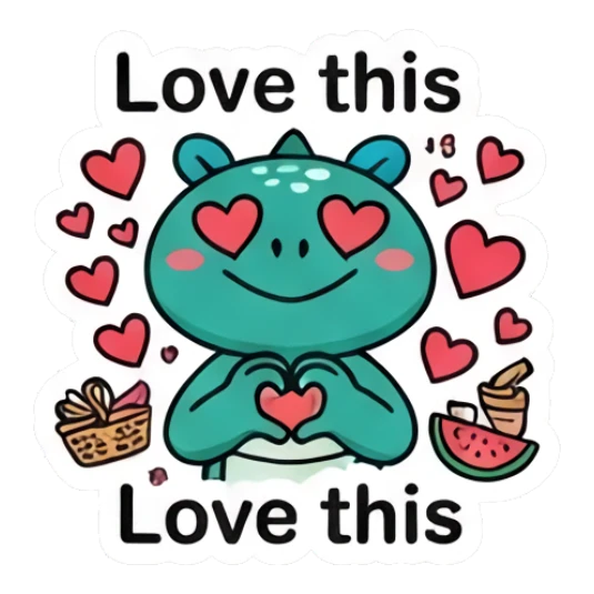 Loving green dinosaur with heart eyes and heart hands with text Love this Dino Pop Expressions sticker for expressive chats and social replies.