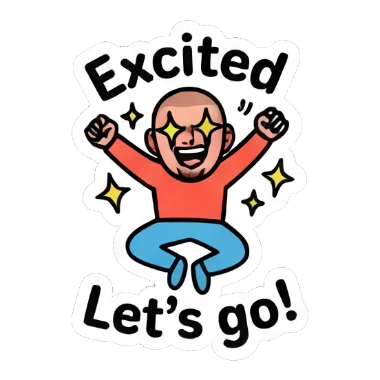 Energetic buzz-cut man jumping with joy, text Let's go. Buzz Cut Guy Daily Vibes sticker for expressive chats and social replies.