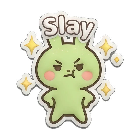 Confident green bunny with sparkles and 'Slay' text. Puffy Green Bunny Adventures sticker for expressive chats and social replies.