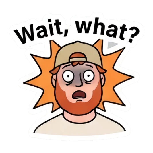 Bearded man looking shocked with wide eyes and text Wait what Bearded Guy Daily Vibes sticker for expressive chats and social replies.