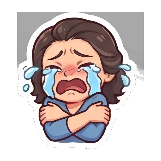 Young woman crying bitterly while hugging herself Cheerful Brunette Daily Life sticker for expressive chats and social replies.