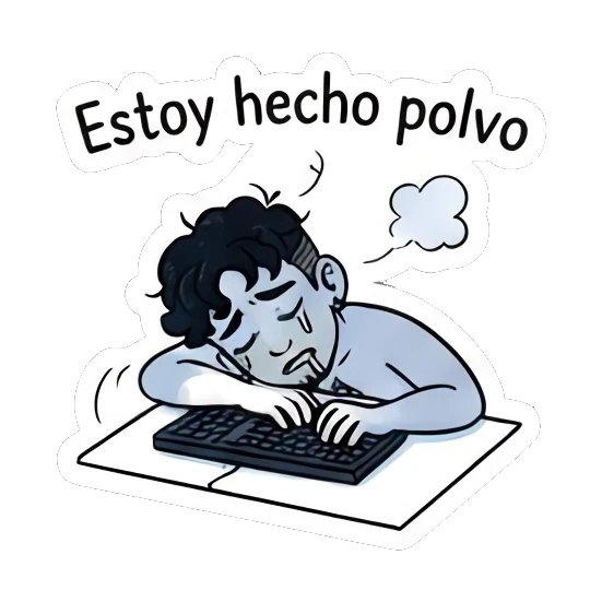 Exhausted boy slumped over a keyboard with 'Estoy hecho polvo' text. Curly Haired Boy Daily Vibes sticker for expressive chats and social replies.