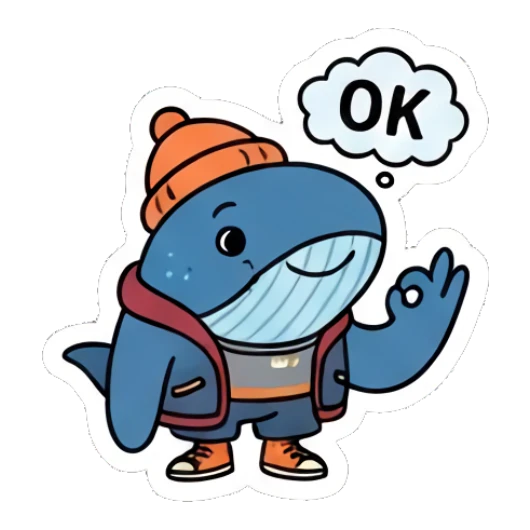 Blue whale wearing a beanie giving an OK hand gesture with speech bubble Cool Blue Whale Vibes sticker for expressive chats and social replies.