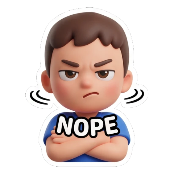 Boy looking annoyed with arms crossed and Nope text Little Boy Daily Vibes sticker for expressive chats and social replies.