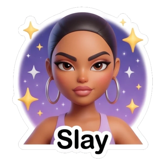 Confident girl posing with sparkles, text says Slay. Modern Chic Girl Expressions sticker for expressive chats and social replies.
