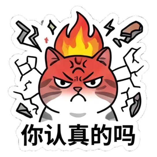 Angry red-faced tabby cat with fire on head, text: 你认真的吗 Baseball Tabby Cat Daily sticker for expressive chats and social replies.