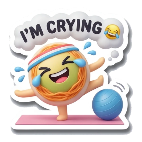 Noodle character crying doing yoga with I'M CRYING text Gym Buddy Noodles sticker for expressive chats and social replies.