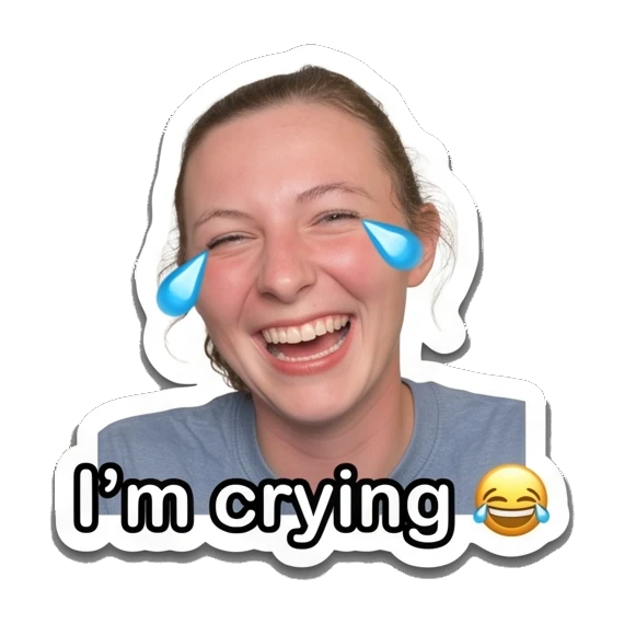 Young woman laughing with tears of joy, text 'I'm crying' Daily Life of a Girl sticker for expressive chats and social replies.