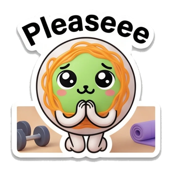 Noodle character looking hopeful with clasped hands and text Pleaseee Gym Noodle Buddies sticker for expressive chats and social replies.