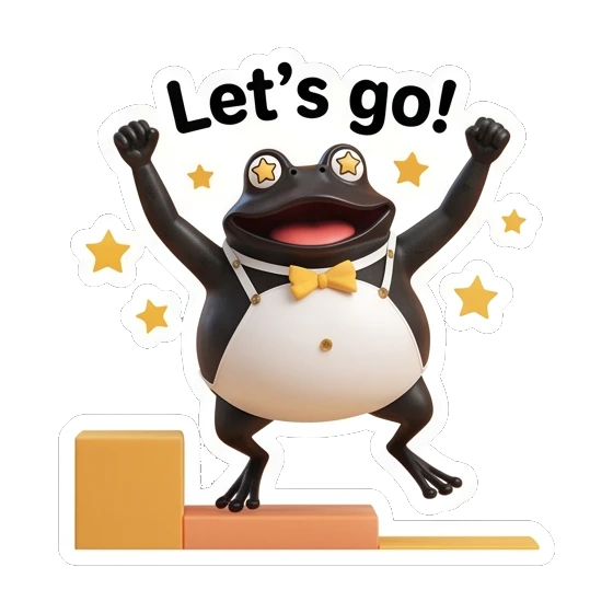Frog cheering with arms raised on a podium, text Let's go! Fancy Frog Sports Club sticker for expressive chats and social replies.