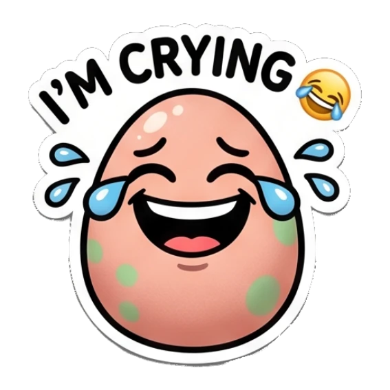 Laughing spotted egg crying tears of joy, 'I'm crying' text. Spotted Egg Adventures sticker for expressive chats and social replies.