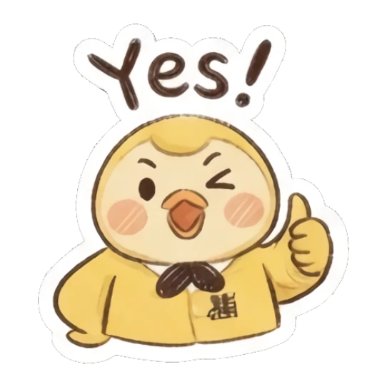 Cheerful yellow chick giving a thumbs up saying Yes. Fluffy Yellow Chick Daily sticker for expressive chats and social replies.