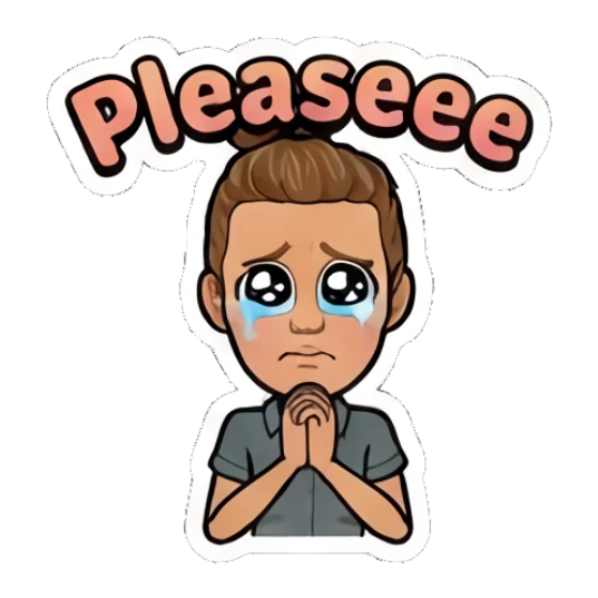 Girl pleading with teary eyes and Pleaseee text Retro Cartoon Girl Daily Life sticker for expressive chats and social replies.
